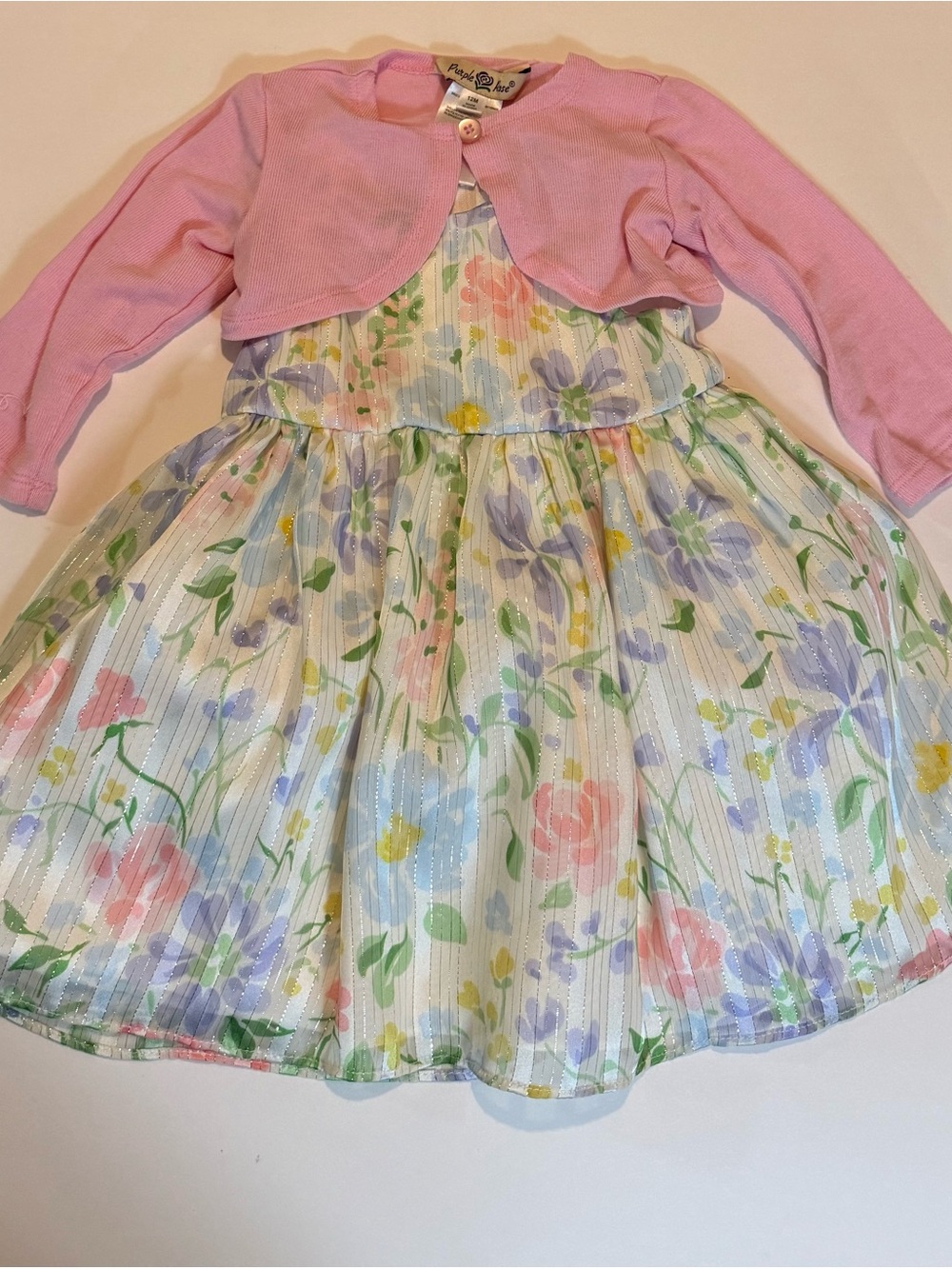 Rare Editions Pink Cardigan with Pastel Floral Party Dress